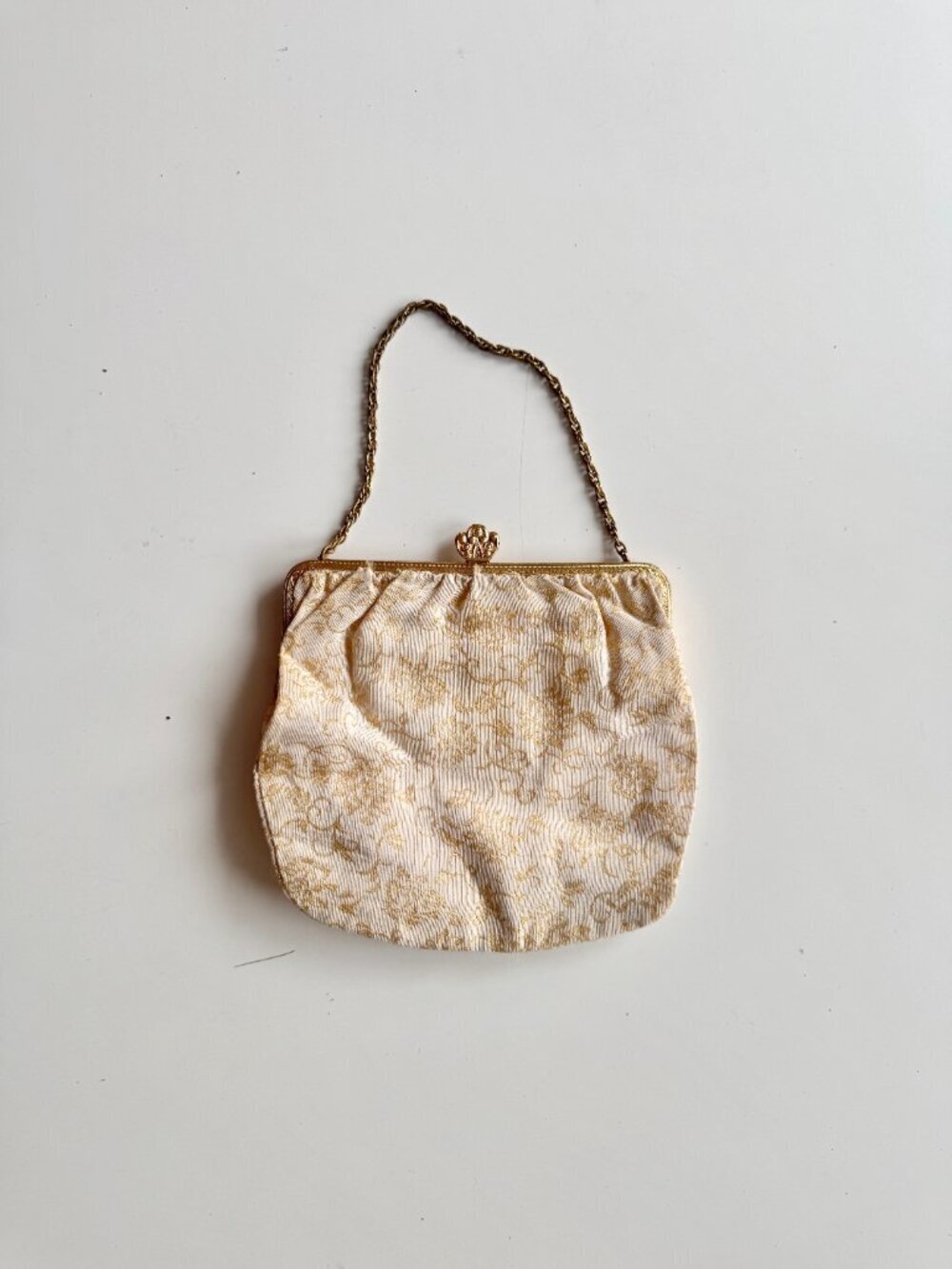 Vintage Made in Germany Ivory Gold Embroidered Kiss Lock Evening Purse Bag